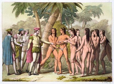 كريستوفر كومبوس مع هرناندو كورتيس يستقبلان فتاة أمريكية أصلية كهدية ، 1820-1839 بواسطة جالو غالينا