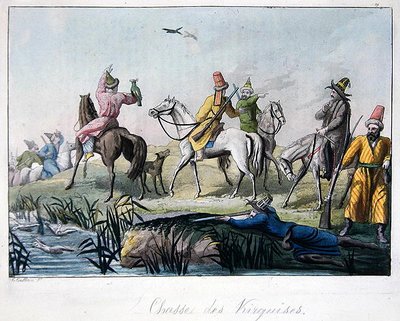 صيادو القرغيز يطلقون النار والصيد بالصقور ، رسم توضيحي من "Le Costume Ancien et Moderne" بواسطة Jules Ferrario ، نُشر في ميلانو حوالي 1820s-30s (نقش ملون) بواسطة جالو غالينا