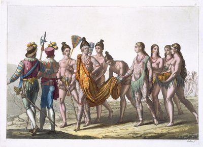 الأرامل الأمريكيات الأصليات يقتربن من رئيسهن للحصول على إذن بالزواج ، اللوحة 57 من "Le Costume Ancien et Moderne" لجويل فيراريو ، نُشرت في 1820s-30s بواسطة جالو غالينا