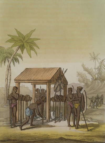 مقبرة ملوك غينيا برؤوس نذرية ، اللوحة 33 من "Le Costume Ancien et Moderne" لجول فيراريو ، تم نشرها في 1820s-30s بواسطة جالو غالينا