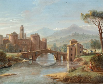 منظر طبيعي للنهر مع جسر يؤدي إلى بلدة محصنة (زيت على نحاس) بواسطة جاسبار فان (1653 1736) ويتل