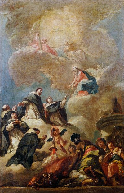 القديسون الدومينيكان في المجد ، حوالي عام 1750 ، بقلم غاسباري ديزياني (1689-1767) ، زيت على قماش ، 64 × 42 سم ، رسم تخطيطي للقبو في كنيسة القديس بارثولوميو في بيرغامو بواسطة جاسبارو ديزياني