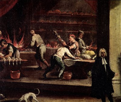 طهاة البندقية يعملون في المطبخ التفاصيل - رسم منسوب إلى Gaspare Diziani (1698-1767) ، شعار فن الطهاة (Arte dei cuochi) البندقية ، متحف كورير بواسطة جاسبارو ديزياني