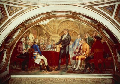 أليساندرو فولتا (1745-1827) يعرض بطاريته المبتكرة حديثًا لنابليون (1769-1821) في معهد فرنسا في باريس ، 7 نوفمبر بواسطة جاسبيرو مارتليني
