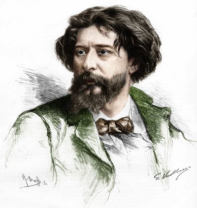 صورة لألفونس دوديت (1840-1897) ، كاتب فرنسي. نقش بواسطة A. Pochy بعد Gaston Vuillier، sd. أواخر القرن التاسع عشر. بواسطة جاستون (بعد) فويلير