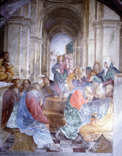 مناقشة السيد المسيح مع الأطباء في الهيكل. فريسكو لجودينزيو فيراري (1475-1546) ، كنيسة سانتا ماريا ديلي غراتسي ، فارالو. بواسطة جودنزيو فيراري