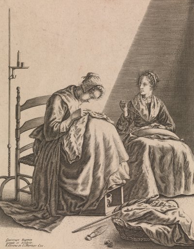 سيدتان الخياطة ، اللوحة 1 من خمس مهن أنثوية ، كاليفورنيا. 1640-57. بواسطة غيرترويدت روجمان