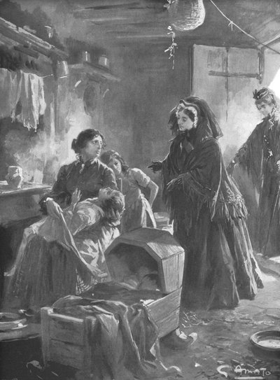 "الملكة فيكتوريا والفقراء: صاحبة الجلالة تزور منزلًا كوخًا" ، 1901. بواسطة Gennaro Amato