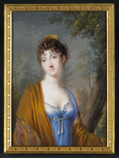 سيدة ترتدي شالاً أزرق مع شال أصفر، حوالي عام 1800 (لوحة مائية على العاج) بواسطة جينوت جينوت