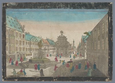 Gezicht op de wijnmarkt te Augsburg توقع سوق النبيذ في سالتز ستادل باتجاه S. Ulrich إلى Augspurg (العنوان على الكائن) بواسطة جورج بالتازار بروبست (ربما)