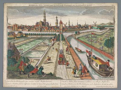 منظر لسفينة أمستردام فارت في هارلم قناة زو هارلم ، wo die Threckschuijten nach Amsterdam ab und zu gehen (العنوان على الكائن) هارلم (عنوان المسلسل) بواسطة جورج بالتازار بروبست