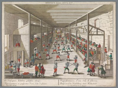 منظر لمدرسة سياج Perspectiische Vorstellung einer Fechtschule (العنوان على الكائن) مدارس البطولة والمبارزة (عنوان السلسلة) بواسطة جورج بالتازار بروبست