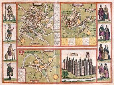 يورك وشروزبوري ولانكستر وريتشموند، إنجلترا - في "Civitates Orbis Terrarum" لجورج براون، كولونيا 1617 بواسطة جورج براون
