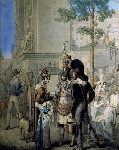 تاجر جوز الهند Porte Saint Denis في باريس. متجر تاجر قديم يبيع أكواب جوز الهند في شوارع باريس. رسم للألماني جورج إيمانويل أوبيتز (1775-1841) ، باريس. متحف كارنافاليت بواسطة جورج إيمانويل أوبيتز