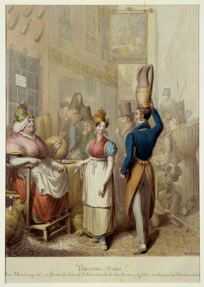 Table of Paris: شارع de la rue Montorgueil ومطعم مقهى "Le Rocher de Cancale" في باريس. تجار الشوارع والمارة. الطباعة الحجرية للألماني جورج إيمانويل أوبيتز (1775-1841) بواسطة جورج إيمانويل أوبيتز