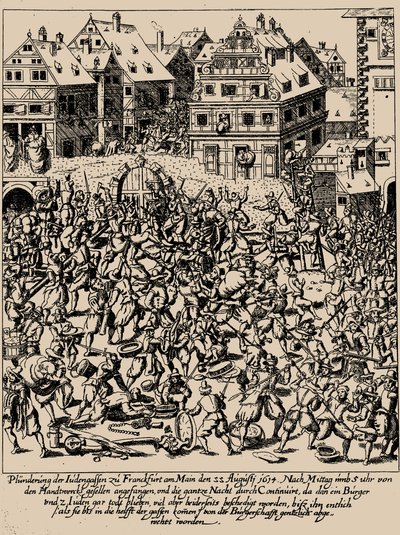 ارتفاع Fettmilch. نهب Judengasse في فرانكفورت في 22 أغسطس 1614 ، ج. 1616-1617 بواسطة جورج كيلر
