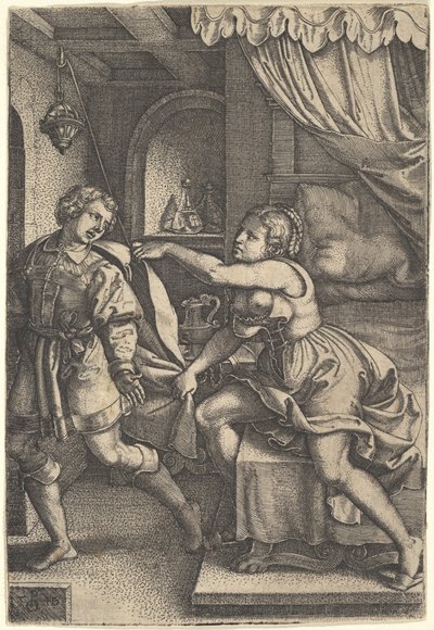 يبتعد جوزيف بعيدًا عن زوجة بوتيفارز ، التي تلبس عباءته بكلتا يديه بينما كانت ... ، 1546. بواسطة جورج بينز