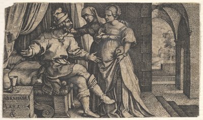 قدمت سارة هاجر لإبراهيم ، الذي يجلس عند سفح سرير ، من سلسلة The ...، ca. 1543. بواسطة جورج بينز