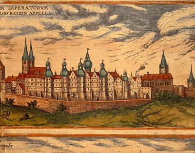 جمهورية التشيك ، براغ ، منظر للقصر ، نقش ملون من Civitates Orbis Terrarum بواسطة Georg Braun (1541-1622) و Franz Hogenberg (1535-1590) بواسطة فرانس