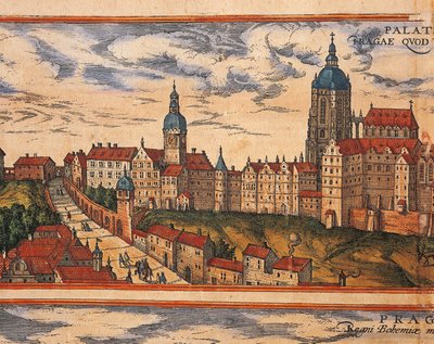 جمهورية التشيك ، براغ ، منظر للقلعة ، نقش ملون من Civitates Orbis Terrarum بواسطة Georg Braun (1541-1622) و Franz Hogenberg (1535-1590) بواسطة فرانس
