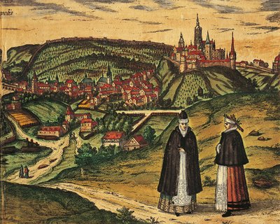 جمهورية التشيك ، براغ ، منظر للمدينة مع القلعة في الخلفية ، نقش ملون من Civitates Orbis Terrarum بواسطة Georg Braun (1541-1622) و Franz Hogenberg (1535-1590) بواسطة فرانس