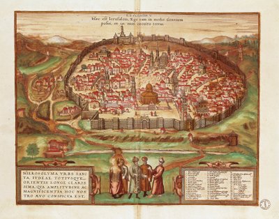 إسرائيل وفلسطين ، مدينة القدس ، بقلم جورج براون وفرانز هوغنبرغ ، من Civitates Orbis Terrarum ، نقش ملون بواسطة فرانس