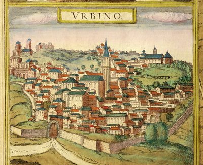 إيطاليا ، أوربينو ، منظر للمدينة ، نقش ملون من Civitates Orbis Terrarum بواسطة Georg Braun (1541-1622) و Franz Hogenberg (1535-1590) بواسطة فرانس