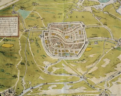 هولندا ، خريطة مدينة ومنطقة ليدن من Civitates Orbis Terrarum بقلم جورج براون (1541-1622) وفرانز هوغنبرغ (1540-1590) ، كولونيا ، نقش بواسطة فرانس