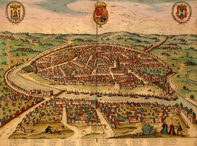 إسبانيا ، إشبيلية ، منظر للمدينة ، نقش ملون من Civitates Orbis Terrarum بواسطة Georg Braun (1541-1622) و Franz Hogenberg (1535-1590) بواسطة فرانس