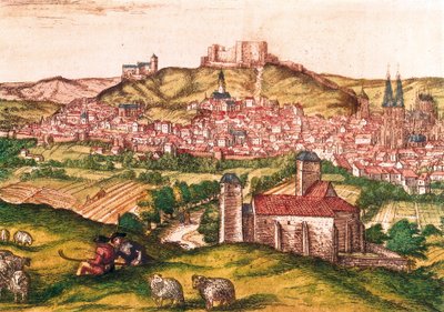 مدينة برغش في إسبانيا مع الرعاة وقطيع الأغنام في المقدمة (1576). نقش في Civitatis Orbis Terrarum ، بواسطة فرانس