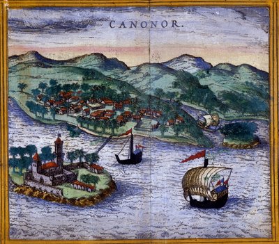 منظر لـ Canonor (أو Cannanore) في الهند من إصدار "Civitates Orbis Terrarum" بواسطة Braun و Hogenberg بواسطة فرانس