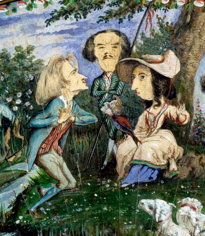 معجب بالرسوم الكاريكاتورية المرسومة بالغواش لجورج ساند (أورور دوبين ، بارون دوديفانت) (1804-1876) وأوغست شاربنتييه (1815-1880): تفاصيل تصور امرأة الحروف جورج ساند ، محاطة بيوجين ديلاكروا (في الوسط) وفرانز ليزت. القرن ال 19 بواسطة جورج ساند