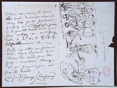 Fonds Lovenjoul E858 Ms 937 1.219 رسالة من جورج ساند (1804-1876) إلى فرانسوا بولوز ، محرر "Revue des Deux Mondes" ، تطلب دفع مبلغ مع رسم كاريكاتوري للكاتبة تظهر نفسها محاطة بالدائنين بواسطة جورج ساند