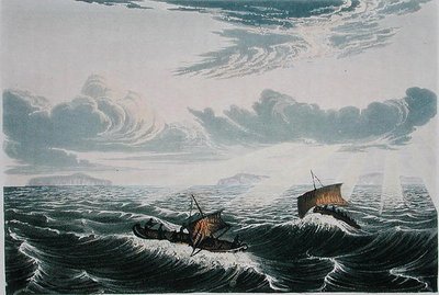 زورق يتقدم ، في هبوب رياح عند شروق الشمس ، 23 أغسطس 1821 ، من "سرد رحلة إلى شواطئ البحر القطبي في السنوات 1819-22" بقلم السير جون فرانكلين (1786-1847) نقشه إدوارد فيندن ( 1791-1857) تم نشره في 1823-28 (نقش ملون) بواسطة جورج (بعد) العودة