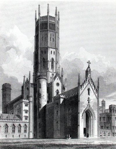Fonthill Abbey من الشمال الغربي ، "الرسوم التوضيحية الرسومية والأدبية من Fonthill Abbey" بقلم جون بريتون ، نقشها جيه لامبرت بواسطة جورج (بعد) كاترمول