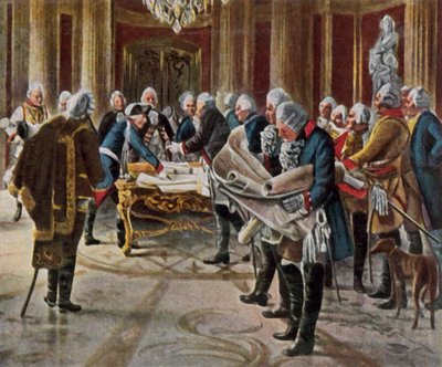 فريدريك العظيم يعقد مجلساً حربياً مع جنرالاته، أغسطس 1756 (صورة حجرية ملونة محسّنة) بواسطة 