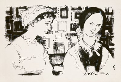 جين أوستن (1775-1817) وشارلوت برونتي (1816-55) - لقاء خيالي (حبر هندي على متن الطائرة) بواسطة جورج آدمسون