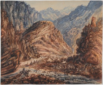 حصن علي مسجيد ، معسكر خيبر باس للواء الرابع من قوة اللواء بولوك ، أبريل 1842 (ألوان مائية) بواسطة جورج الفريد كرولي