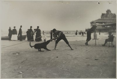 فتى وكلب ، أيرون بيير ، جزيرة كوني ، بروكلين ، c.1885 (طبعة الجيلاتين الفضية المطبوعة) بواسطة جورج برادفورد برينرد