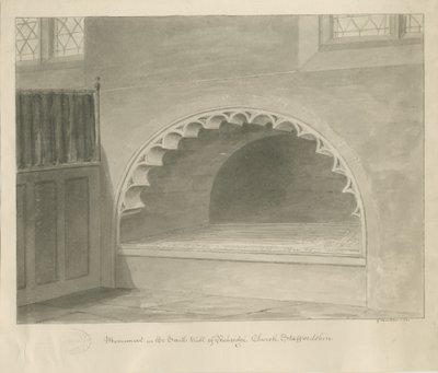 كنيسة بنكريدج - النصب التذكاري في الجدار الجنوبي: رسم بني داكن ، 1841 بواسطة جورج باكلر