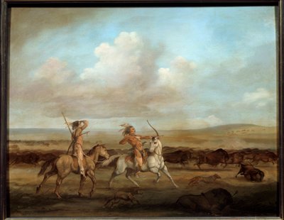 الهنود الأمريكيون على ظهور الخيل وهم يصطادون لوحة البيسون لجورج كاتلين (1794-1872) بواسطة جورج كاتلين