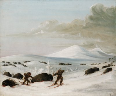 مطاردة الجاموس في Snowdrifts ، الهنود يلاحقون أحذية الثلوج ، 1832-1833. بواسطة جورج كاتلين