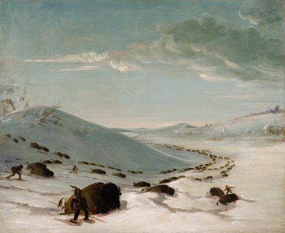 جاموس تشيس في الشتاء ، الهنود على أحذية الثلوج ، 1832-1833. بواسطة جورج كاتلين
