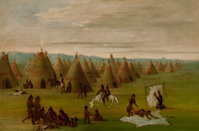 قرية كومانتش ، ملابس النساء وتجفيف اللحوم ، 1834-1835. بواسطة جورج كاتلين
