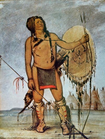 Comanche warrior with a shield, lance and bow and arrows, c.1835 (colour litho) بواسطة جورج كاتلين