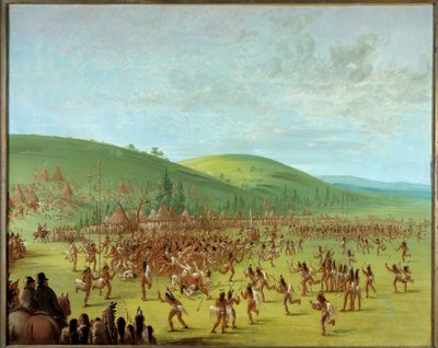 هنود أمريكا: "" لعبة الكرات بين الهنود "لوحة لجورج كاتلين (1794-1872) 1835 بلرانكور ، متحف فرانكو أمريكان - الأمريكيون الأصليون مسرحية الكرة. لوحة جورج كاتلين (1794-1872) بواسطة جورج كاتلين