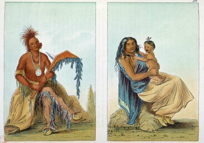 هنود أمريكا: صورة لزعيم أوساج يتصل بكليرمونت مع زوجته وابنه. رسم جورج كاتلين (1794-1872) بواسطة جورج كاتلين