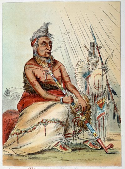 هنود أمريكا: صورة لشيف هندي عجوز يدخن غليونه المسمى The Black Mocassin. رسم جورج كاتلين (1794-1872) بواسطة جورج كاتلين