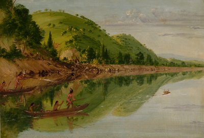 منظر لنهر القديس بطرس ، هنود سيوكس يلاحقون الأيل في زوارقهم ، 1836-1837. بواسطة جورج كاتلين