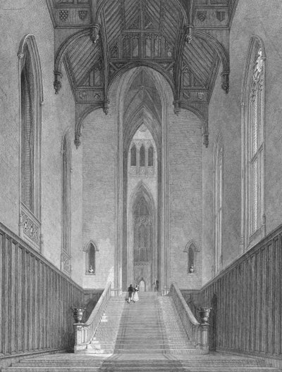 القاعة الغربية الكبرى المؤدية إلى Grand Saloon أو Octagon ، Fonthill Abbey ، محفورة بواسطة CJ Varrall ، 1823 بواسطة جورج كاتيرمول
